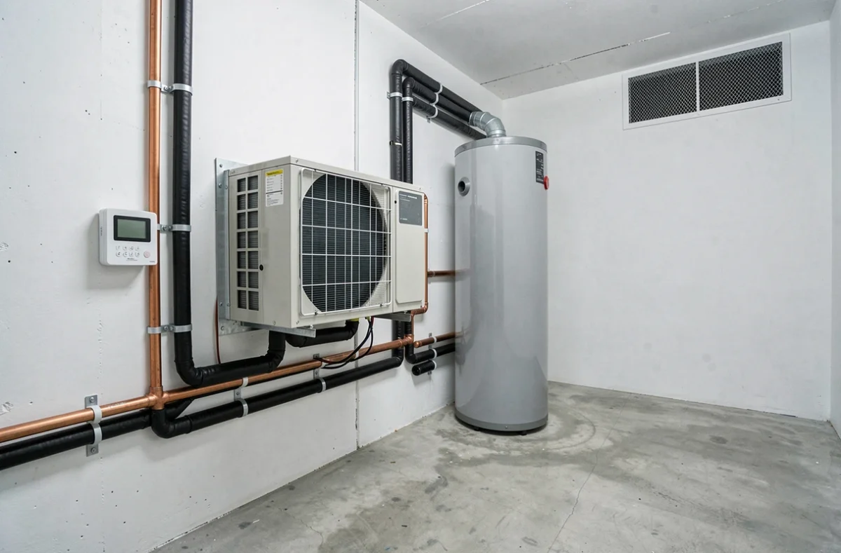 Unité intérieure d'une pompe à chaleur Daikin installée dans une chaufferie résidentielle moderne