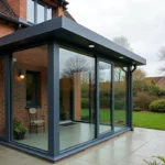 Véranda clé en main en aluminium et verre accolée à une maison individuelle, vue de l'extérieur avec détails de structure visibles