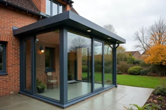 Véranda clé en main en aluminium et verre accolée à une maison individuelle, vue de l'extérieur avec détails de structure visibles