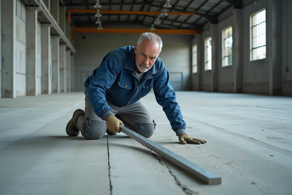 Maçon professionnel vérifiant le niveau et l'absence de fissures d'une chape mortier avec une règle en aluminium dans un grand espace industriel