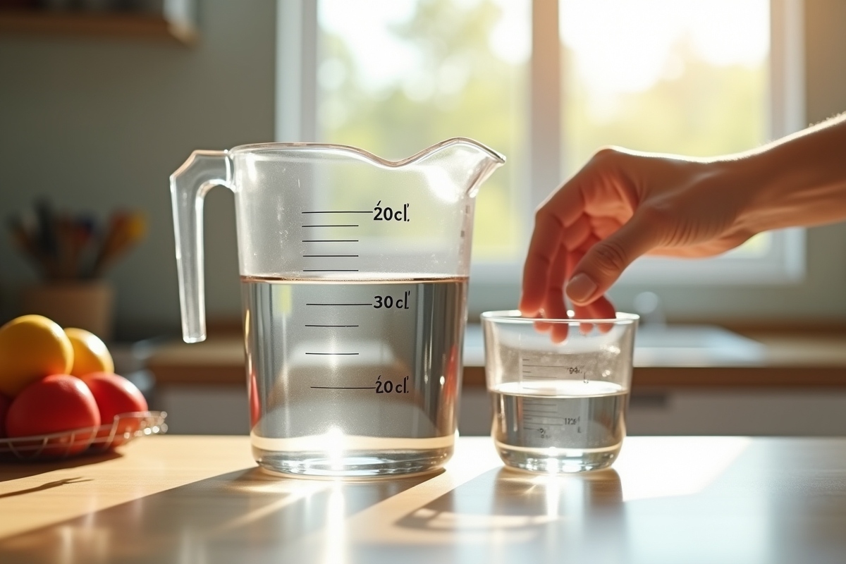 Verre mesure d'eau de 200 ml sur un plan de travail