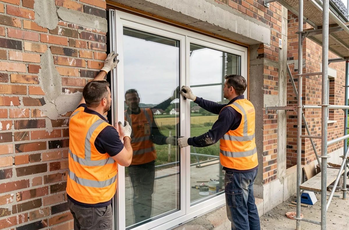 Deux artisans VSV posant une grande fenêtre double vitrage sur un chantier près de Vienne