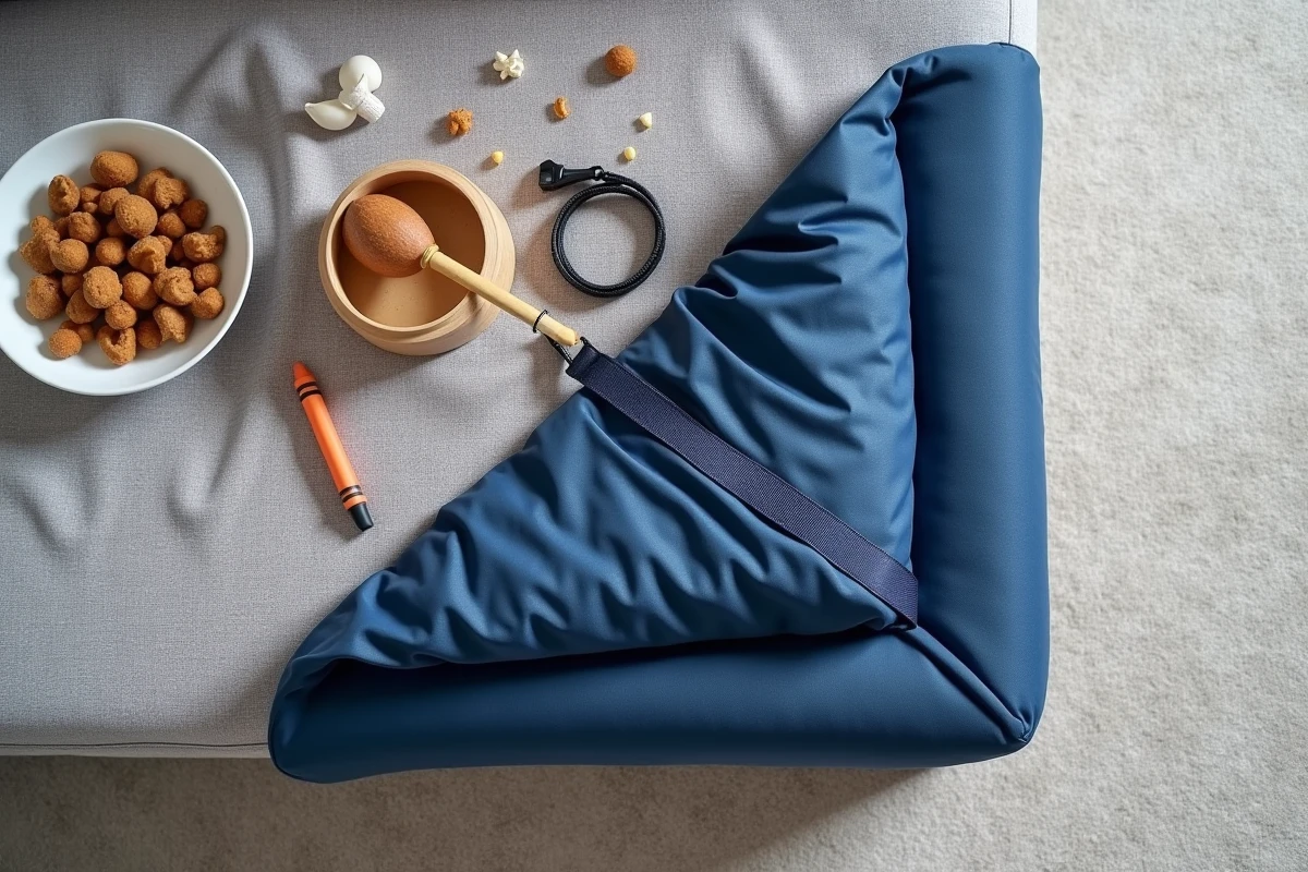 Vue de dessus d'un protège canapé angle extensible bleu marine déplié sur tapis gris avec accessoires famille dont laisse de chien et crayons d'enfant