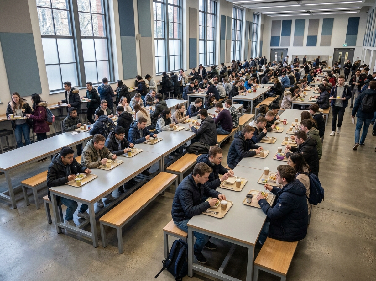 Vue d'ensemble d'un réfectoire scolaire animé avec de longues tables en métal et stratifié occupées par des étudiants et du personnel pendant la pause déjeuner